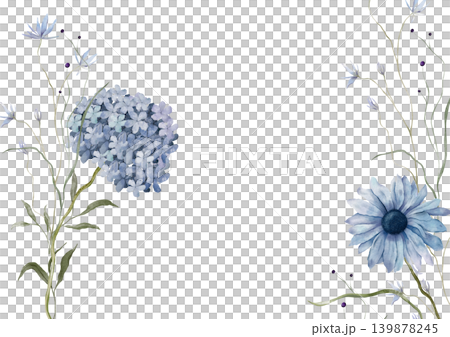 Horizontal Banner watercolor illustration with blue wildflower botanical cornflowers and hydrangea. Rectangular Frame with hand drawn illustration chamomile and long thin grass on isolated background. 139878245