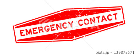Grunge red emergency contact word hexagon rubber seal stamp on white background 139878571