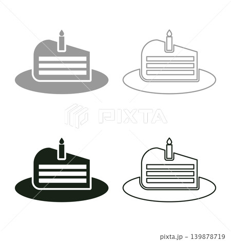 Piece of cake slice with candle set icon grey black color vector illustration image solid fill outline contour line thin flat style 139878719