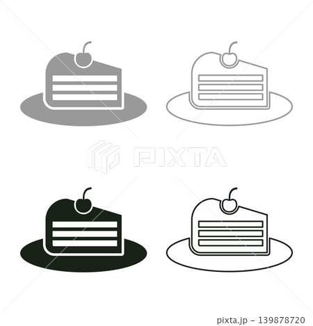 Piece of cake slice with cherry set icon grey black color vector illustration image solid fill outline contour line thin flat style 139878720
