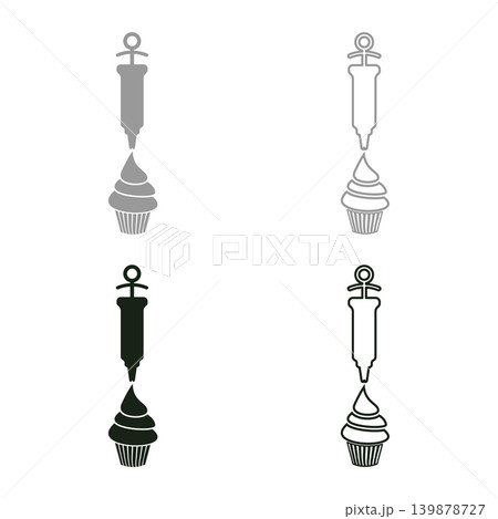 Confectionery syringe icing pastry cupcake pastry with cream set icon grey black color vector illustration image solid fill outline contour line thin flat style Confectionery syringe icing pastry cupcake pastry with cream set icon grey black color vector illustration image solid fill outline contour line thin flat style 139878727