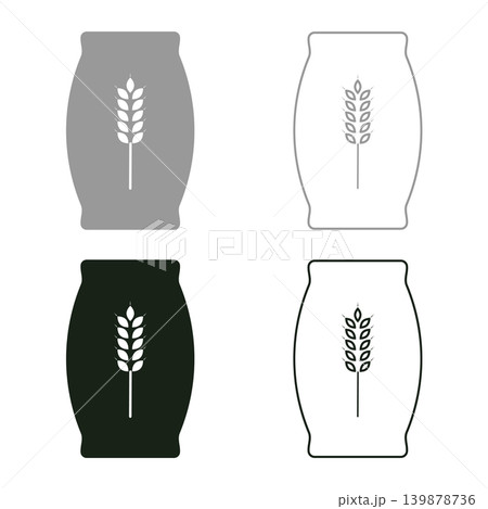 Sack with flour full canvas bag sugar salt grain wheat ear with grain package concept set icon grey black color vector illustration image solid fill outline contour line thin flat style Sack with flour full canvas bag sugar salt grain wheat ear with grain package concept set icon grey black color vector illustration image solid fill outline contour line thin flat style 139878736