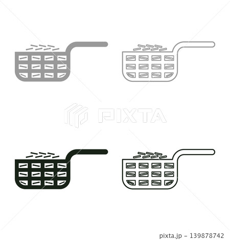 Mesh basket with potato for deep fryer with handle and french frie kitchen appliance for fast food concept roast product in hot oil Air fryer set icon grey black color vector illustration image solid Mesh basket with potato for deep fryer with handle and french frie kitchen appliance for fast food concept roast product in hot oil Air fryer set icon grey black color vector illustration image solid 139878742