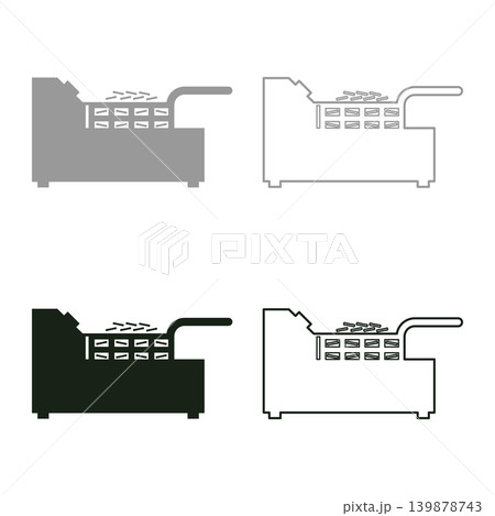 Deep fryer with mesh basket handle and french frie kitchen appliance for fast food concept roast product in hot oil Air fryer set icon grey black color vector illustration image solid fill outline 139878743