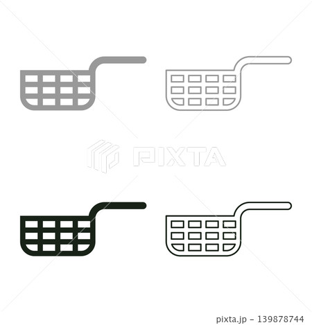 Mesh basket for deep fryer with handle and french frie kitchen appliance for fast food concept roast product in hot oil Air fryer set icon grey black color vector illustration image solid fill Mesh basket for deep fryer with handle and french frie kitchen appliance for fast food concept roast product in hot oil Air fryer set icon grey black color vector illustration image solid fill 139878744