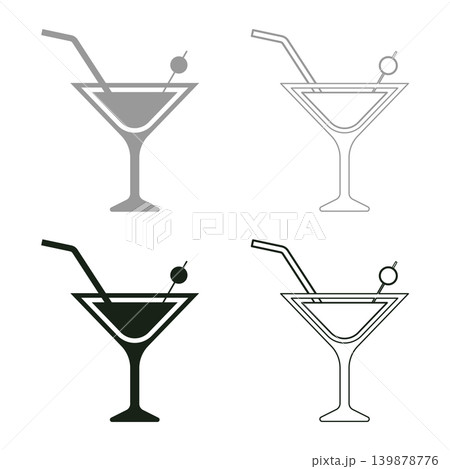 Martini cocktail with straw and olive garnished in glass alcoholic concept leisure set icon grey black color vector illustration image solid fill outline contour line thin flat style Martini cocktail with straw and olive garnished in glass alcoholic concept leisure set icon grey black color vector illustration image solid fill outline contour line thin flat style 139878776