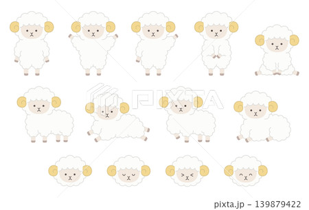 かわいい羊のベクターイラストセット。干支、十二支、未、アイコン、未年、年賀状 かわいい羊のベクターイラストセット。干支、十二支、未、アイコン、未年、年賀状 139879422