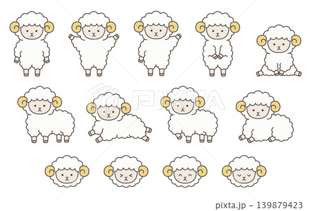 かわいい羊のベクターイラストセット。干支、十二支、未、アイコン、未年、年賀状 かわいい羊のベクターイラストセット。干支、十二支、未、アイコン、未年、年賀状 139879423