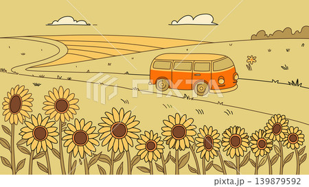 A cheerful vector illustration of an orange vintage van driving through a scenic countryside with rolling hills and a field full of blooming sunflowers. Peaceful summer road trip in nature. 139879592