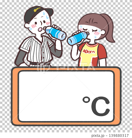 水分補給するユニフォーム男女と気温フレームのイラスト 水分補給するユニフォーム男女と気温フレームのイラスト 139880317