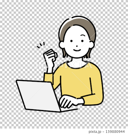 An illustration of a young woman making a victory pose in front of a laptop. An illustration of a young woman making a victory pose in front of a laptop. 139880944