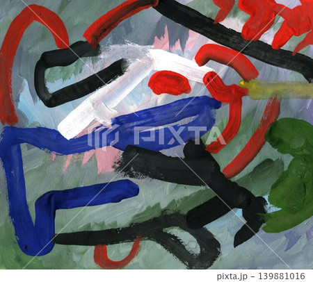 Colorful Abstract Painting with Bold Brushstrokes in Red, Blue, Black and White, Artistic Design Colorful Abstract Painting with Bold Brushstrokes in Red, Blue, Black and White, Artistic Design 139881016