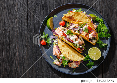 salmon tacos drizzled with sauce on a plate salmon tacos drizzled with sauce on a plate 139881273