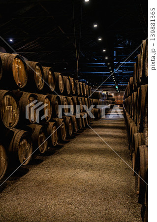 Wine cellar with wooden barrels in Porto Portugal Wine cellar with wooden barrels in Porto Portugal 139881365