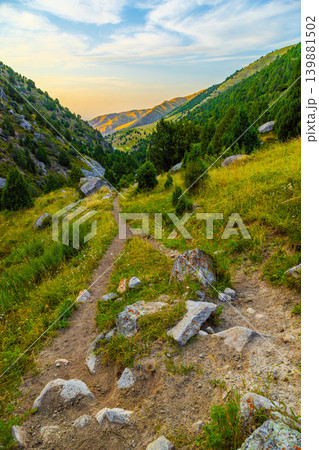 Mountain Valley Trail at Sunrise or Sunset in Kyrgyzstan Mountain Valley Trail at Sunrise or Sunset in Kyrgyzstan 139881502