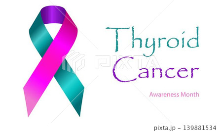 Thyroid Cancer Awareness. Realistic turquoise, pink, and blue ribbon. September is Cancer Awareness Month. Thyroid cancer awareness in September. Poster design. Vector graphics. 139881534