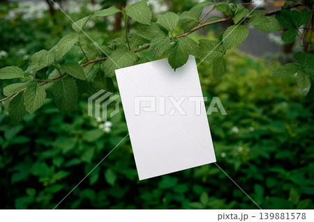 Mockup of A4 sheet on green vegetation background, branches of shrubbery, blurred background, soft diffuse focus. Blank of a poster with space for text or design. White letterhead, presentation 139881578