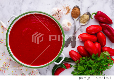 Georgian Satsebeli sauce, made from tomatoes and sweet peppers, with spices, homemade, no people, 139881701