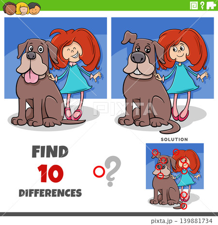 differences puzzle game with cute cartoon little girl and her dog differences puzzle game with cute cartoon little girl and her dog 139881734