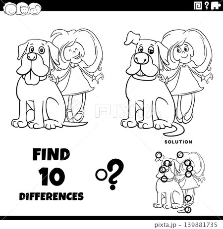 differences puzzle game with cute cartoon little girl and her dog coloring page differences puzzle game with cute cartoon little girl and her dog coloring page 139881735