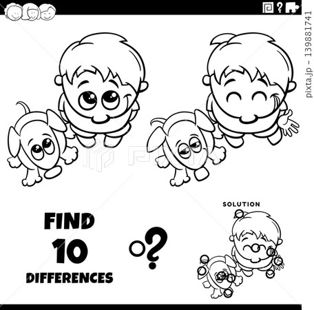 differences puzzle game with cute cartoon little boy and his puppy coloring page 139881741