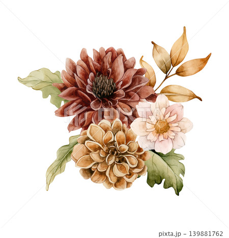 Autumn flowers leaves bouquet. Dahlia Chrysanthemum Astra. Watercolor hand drawn floral illustration isolated on white background fall design wedding home textile cosmetic package porcelain crockery Autumn flowers leaves bouquet. Dahlia Chrysanthemum Astra. Watercolor hand drawn floral illustration isolated on white background fall design wedding home textile cosmetic package porcelain crockery 139881762
