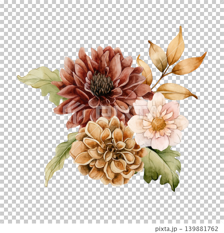 Autumn flowers leaves bouquet. Dahlia Chrysanthemum Astra. Watercolor hand drawn floral illustration isolated on white background fall design wedding home textile cosmetic package porcelain crockery Autumn flowers leaves bouquet. Dahlia Chrysanthemum Astra. Watercolor hand drawn floral illustration isolated on white background fall design wedding home textile cosmetic package porcelain crockery 139881762