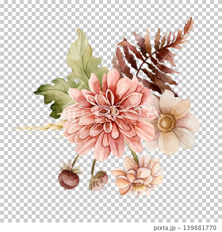 Autumn flowers leaves bouquet. Fall plants Dahlia Chrysanthemum Astra. Watercolor hand drawn floral illustration isolated on white background wedding home textile cosmetic package porcelain crockery 139881770