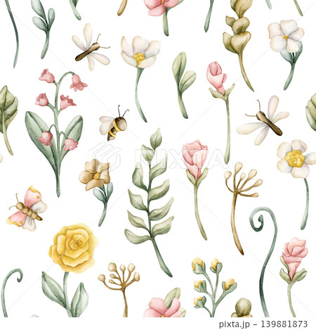 Cute Colourful Meadow Flower Insect Seamless Pattern. Watercolor summer bloom floral illustration hand painted isolated on white background for nursery design fresh print fabric textile wrapping paper 139881873