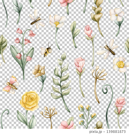 Cute Colourful Meadow Flower Insect Seamless Pattern. Watercolor summer bloom floral illustration hand painted isolated on white background for nursery design fresh print fabric textile wrapping paper 139881873