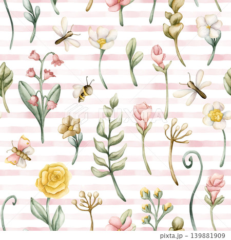 Cute Colourful Meadow Flower Insect Pink Striped Seamless Pattern. Watercolor summer bloom floral illustration hand painted isolated on white background for nursery design fresh print fabric textile Cute Colourful Meadow Flower Insect Pink Striped Seamless Pattern. Watercolor summer bloom floral illustration hand painted isolated on white background for nursery design fresh print fabric textile 139881909