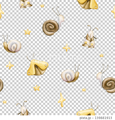 Cute Snail Butterfly Moth Stars Seamless Pattern. Watercolor illustration hand painted isolated on white background for nursery baby kids design insect spring summer forest fabric textile fresh prints Cute Snail Butterfly Moth Stars Seamless Pattern. Watercolor illustration hand painted isolated on white background for nursery baby kids design insect spring summer forest fabric textile fresh prints 139881913