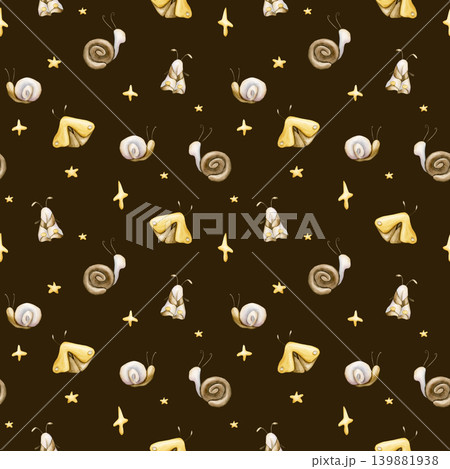 Cute Snail Butterfly Moth Stars Seamless Pattern. Watercolor illustration hand painted isolated on dark background for nursery baby kids design insect spring summer forest fabric textile fresh prints 139881938