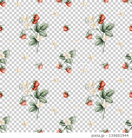 Wild Strawberry Branch Seamless Pattern. Watercolor summer spring floral forest illustration hand painted isolated on white background for nursery baby kids design print fabric textile wrapping paper Wild Strawberry Branch Seamless Pattern. Watercolor summer spring floral forest illustration hand painted isolated on white background for nursery baby kids design print fabric textile wrapping paper 139881944