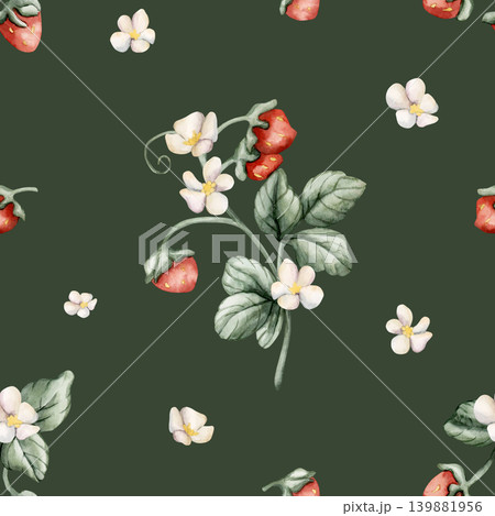 Wild Strawberry Branch Seamless Pattern. Watercolor summer spring floral forest illustration hand painted isolated on dark green background nursery baby kids design print fabric textile wrapping paper Wild Strawberry Branch Seamless Pattern. Watercolor summer spring floral forest illustration hand painted isolated on dark green background nursery baby kids design print fabric textile wrapping paper 139881956