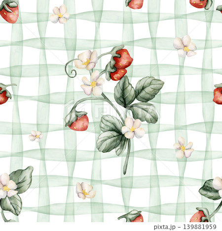 Wild Strawberry Branch Green Checked Seamless Pattern. Watercolor summer spring floral forest illustration hand painted isolated on white background for nursery baby kids design print fabric textile Wild Strawberry Branch Green Checked Seamless Pattern. Watercolor summer spring floral forest illustration hand painted isolated on white background for nursery baby kids design print fabric textile 139881959