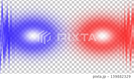 Abstract glowing blue and red energy spots between vertical particle interferences on transparent background, concept of police siren and light technology Abstract glowing blue and red energy spots between vertical particle interferences on transparent background, concept of police siren and light technology 139882329