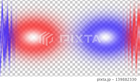Abstract glowing red and blue energy spots between vertical sound wave particle interferences on transparent background, concept of frequency pulse and light technology 139882330