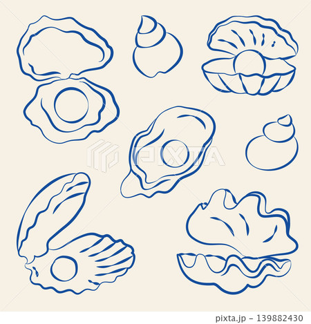 Hand-drawn underwater sea creatures, shells, mollusk, and pearl oyster in line art doodle style for wedding or event decor Hand-drawn underwater sea creatures, shells, mollusk, and pearl oyster in line art doodle style for wedding or event decor 139882430