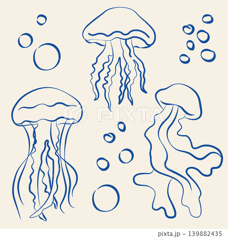 Hand-drawn jellyfish collection in line art doodle style, underwater sea animals for decoration or product design 139882435