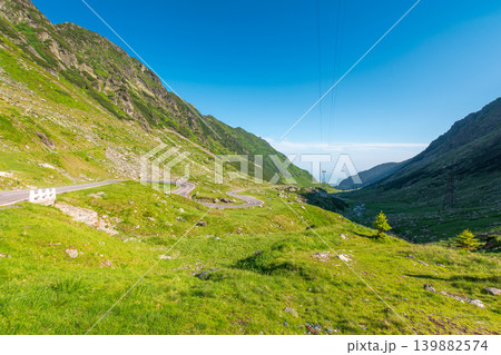 Transfagarasan road through mountains winding uphill. popular highway travel destination of Romania. nice view of mountain on summertime weather. road journey landscape 139882574