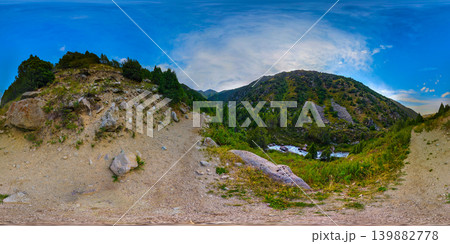 360 Panorama of Mountain Valley with River in Kyrgyzstan 139882778