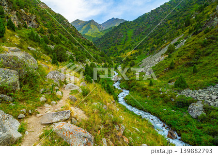 Scenic Mountain Valley with Winding Stream and Hiking Path in Kyrgyzstan Scenic Mountain Valley with Winding Stream and Hiking Path in Kyrgyzstan 139882793