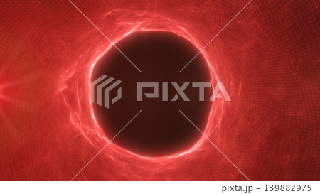 Red glowing energy ring around a dark void on a futuristic wireframe grid, abstract sci-fi portal background 139882975