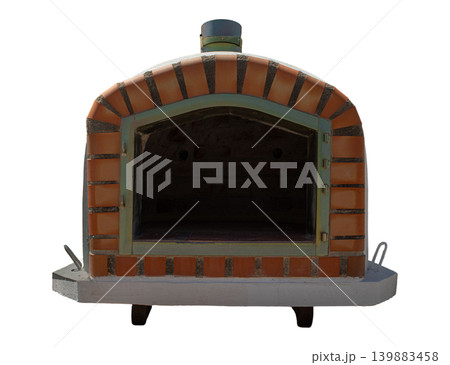 A traditional white dome shaped pizza oven featuring a rustic red brick arch. It stands alone on a white background, showcasing a simple design for cooking pizza. A traditional white dome shaped pizza oven featuring a rustic red brick arch. It stands alone on a white background, showcasing a simple design for cooking pizza. 139883458