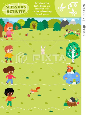 Vector forest explorers cutting activity. Scissors practice game with cute woodland landscape and curious kids. Wildlife printable worksheet. Simple snip puzzle for fine motor skills 139883520