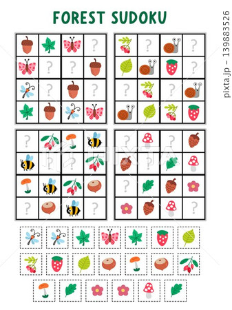 Vector forest sudoku puzzle for kids with pictures or stickers. Woodland quiz. Nature activity with snail, cone, leaf, mushroom, chestnut, acorn, berry. Draw or cut and glue missing object Vector forest sudoku puzzle for kids with pictures or stickers. Woodland quiz. Nature activity with snail, cone, leaf, mushroom, chestnut, acorn, berry. Draw or cut and glue missing object 139883526