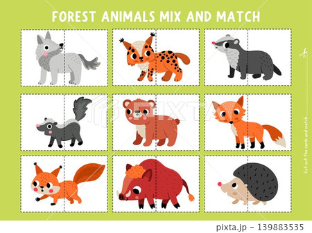 Vector forest animals mix and match puzzle. Woodland matching activity for preschool kids. Wildlife printable game with squirrel, bear, wolf, lynx, badger, skunk, hedgehog, boar Vector forest animals mix and match puzzle. Woodland matching activity for preschool kids. Wildlife printable game with squirrel, bear, wolf, lynx, badger, skunk, hedgehog, boar 139883535