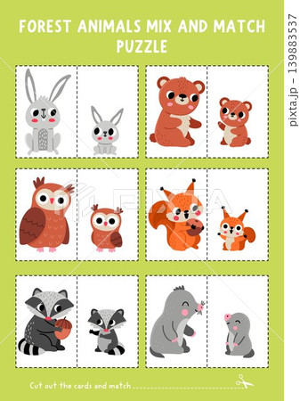 Vector forest animals and birds mix and match puzzle. Woodland matching activity for preschool kids. Wildlife printable game with owl, raccoon, squirrel, bear, hare, mole and their babies Vector forest animals and birds mix and match puzzle. Woodland matching activity for preschool kids. Wildlife printable game with owl, raccoon, squirrel, bear, hare, mole and their babies 139883537