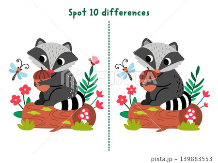 Forest find differences game for children with raccoon sitting on the log with acorn. Woodland educational activity with animal. Puzzle for kids with cute scene. Printable worksheet, page Forest find differences game for children with raccoon sitting on the log with acorn. Woodland educational activity with animal. Puzzle for kids with cute scene. Printable worksheet, page 139883553